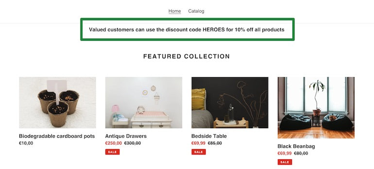 customer object: website displaying product images with a green box around a discount code at the top of the page