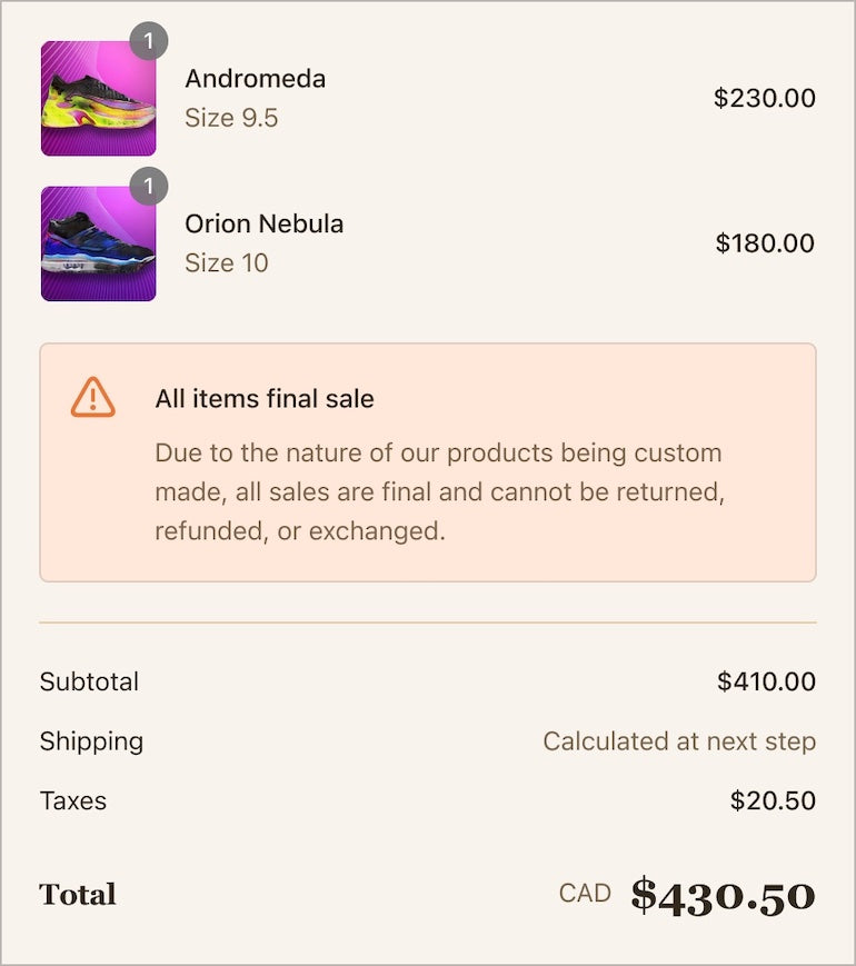 Mockup of a customized checkout with two colourful pairs of shoes in the cart and showing a custom banner about a final sale condition