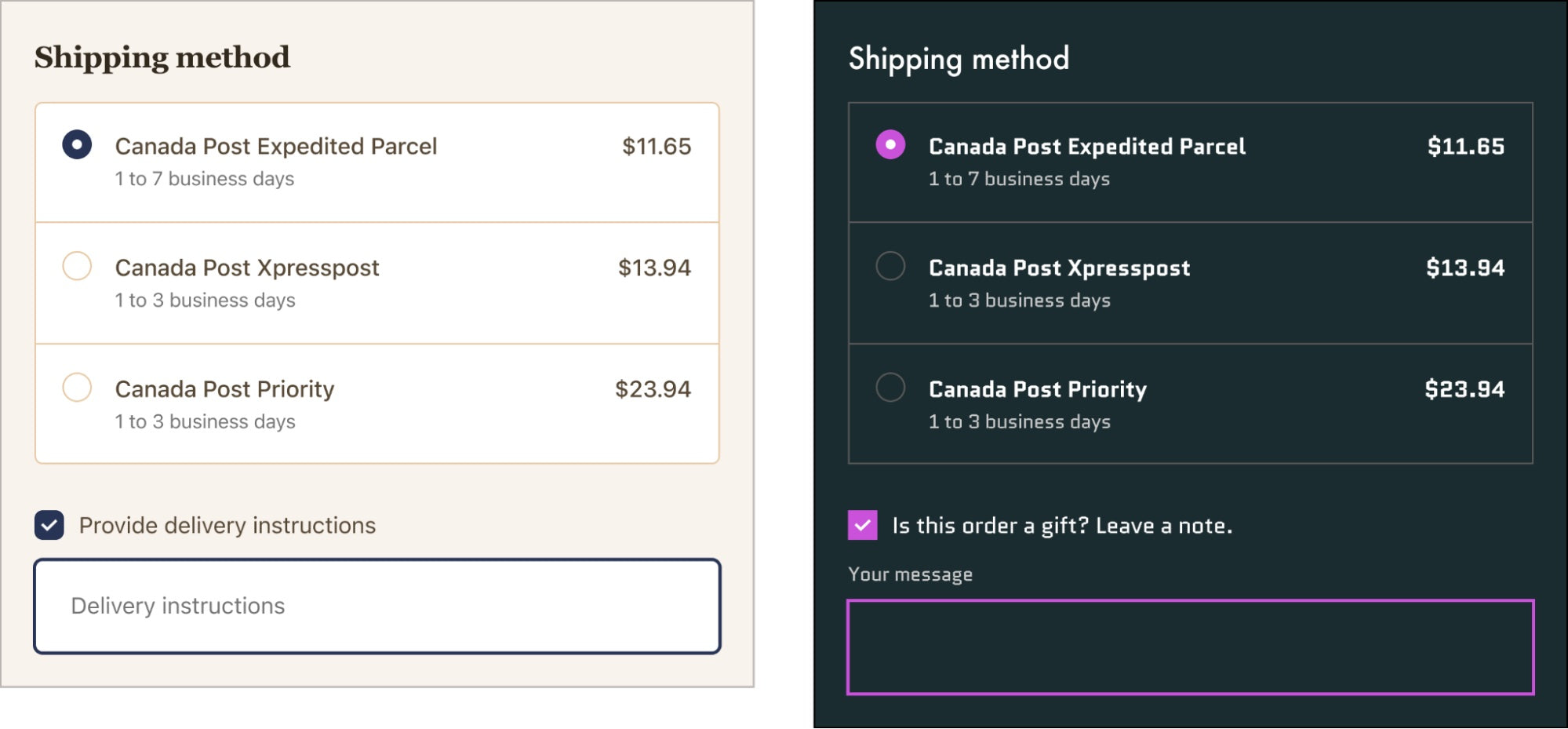 Mockup image of two different checkout examples side by side, both showing shipping method fields at the top. The checkout on the left has a field to provide delivery instructions and the one on the right allows the customer to add a message for the recipient if their purchase is a gift.