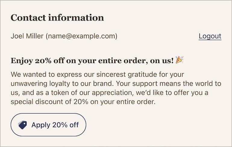 Customize checkout: Mockup of a 20 percent loyalty discount offered to a customer at checkout