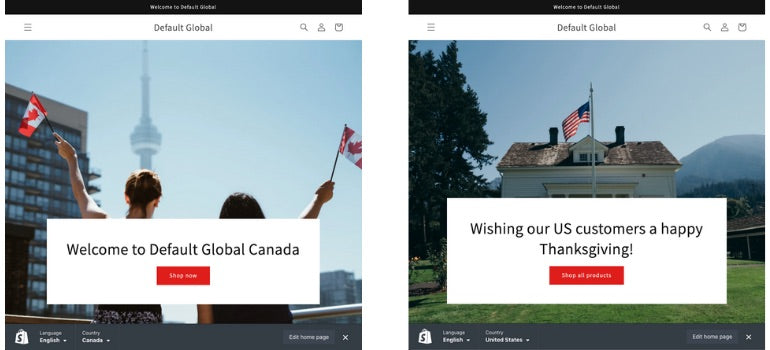 Two screenshots of images side by side displaying the default background for Global Canada on the left (image of two people holding up canadian flags in front of the CN tower) and on the right side, the default global US (displaying a house backdropped by mountains displaying an American flag in the centre) 