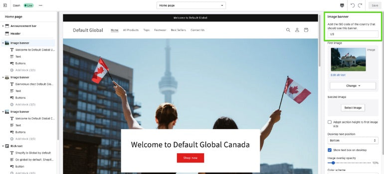 Screenshot of the Shopify CMS displaying an image of two people holding up canadian flags in front of the CN tower, with a banner saying, "Welcome to default Global Canada"