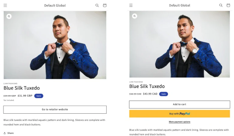 Two identical product images of a man wearing a blue suede tuxedo and adjusting his bowtie. On the left is a CTA to go to retailer site, on the right is a CTA to add item to cart. 