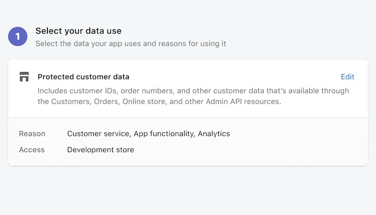 Screenshot of the "select your data use" display in the Shopify CRM