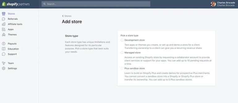 Development stores: Screenshot of the Add store page within the Partner Dashboard, showing the option to select one of three store types: development store, managed store, or plus sandbox store