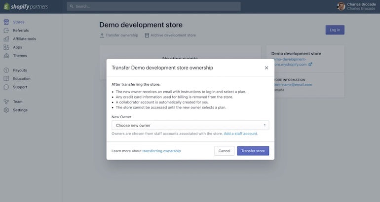 Development stores: Screenshot of the Demo development store page within the Partner Dashboard, showing a modal box prompting the users to Transfer Demo development store ownership by choosing a new owner