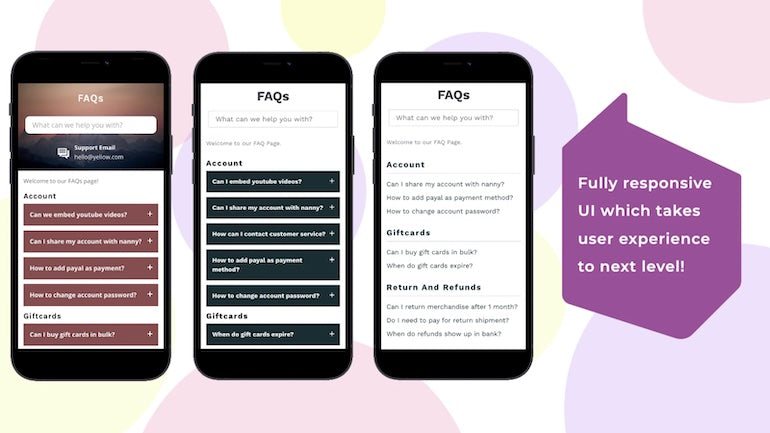 Faster app review: Three screenshots of Easy FAQ's mobile UI show what their app will look like to customers.