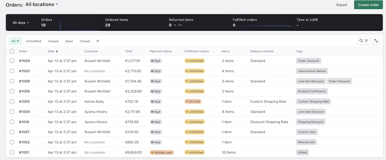 Screenshot showing the generated list of orders with different properties.