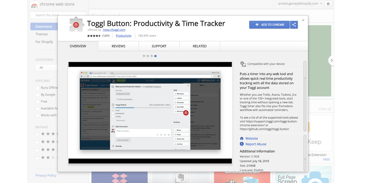 google calendar extension: toggl button