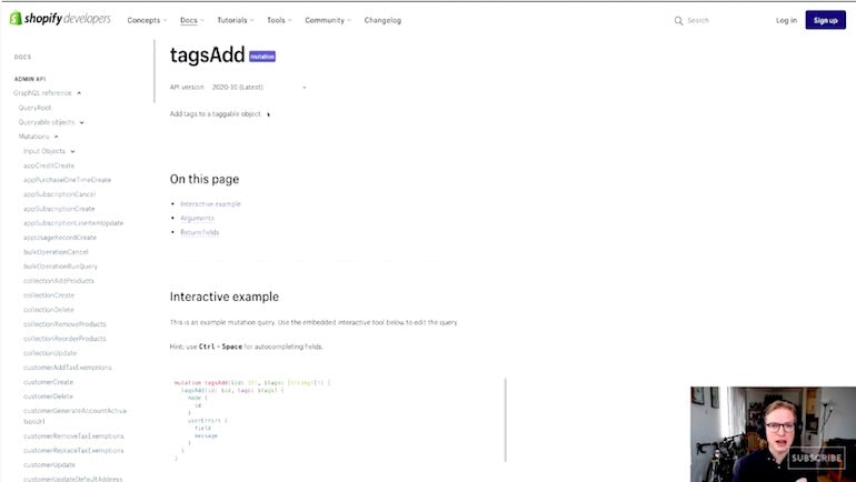 graphql fragments: screenshot of the tagsAdd documentation 