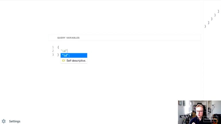 graphql operation names and variables: screengrab from video of defining the ID variable 