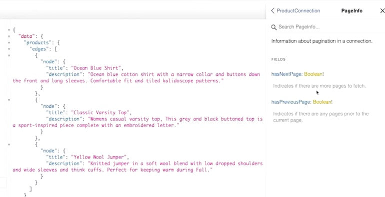 graphql pagination: screenshot of pageInfo taken from the video