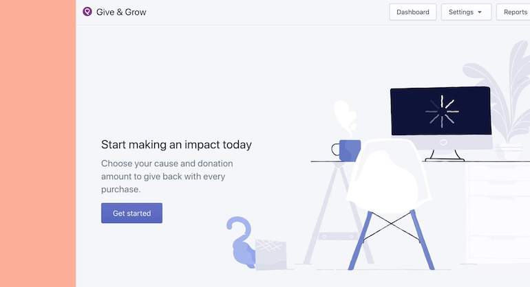 How to build a Shopify app: Screenshot of Give & Grow app dashboard includes introduction text, navigation controls, and a 'Get started' button.