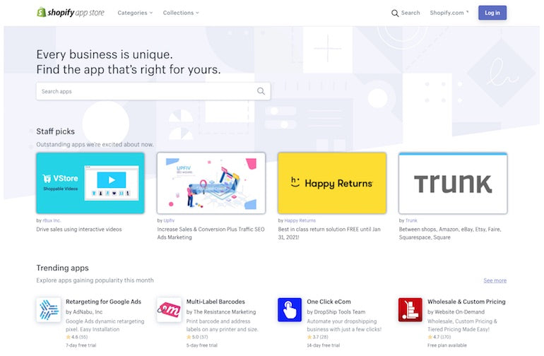 How to build a Shopify app: Screenshot of the Shopify App Store home page with a search bar to search for specific apps, a section below that highlighting four staff picks, and a section at the bottom highlighting four trending apps.