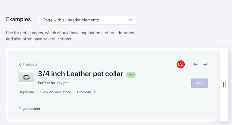 How to build a Shopify app: Screenshot of a Polaris Page component in the Admin demonstrating how a three-quarter-inch leather pet collar product would appear.