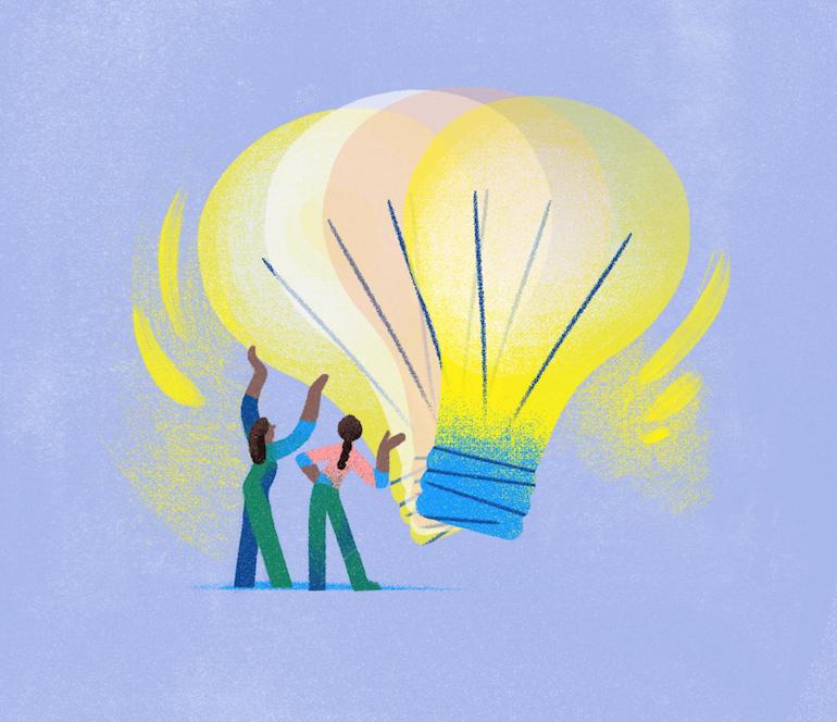 How to build a Shopify app: Illustration of two women tilting a large light bulb to the right.