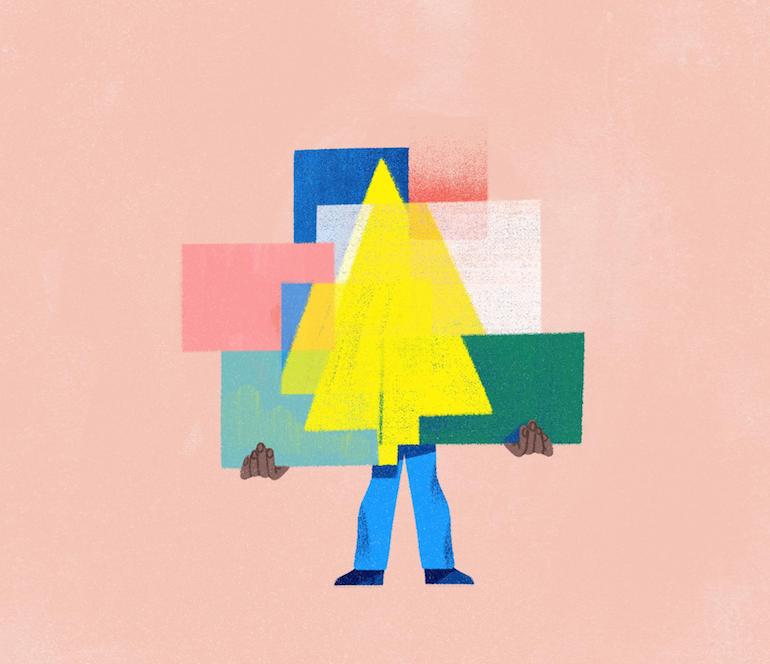 How to build a Shopify app: Illustration of a person obscured by the waist up. They are holding colorful rectangles that overlay each other, piled past their head. The vague shape of a large arrow pointing up is created by the overlaid rectangles. This is a simplified, abstract representation of how Shopify's app ecosystem works together.