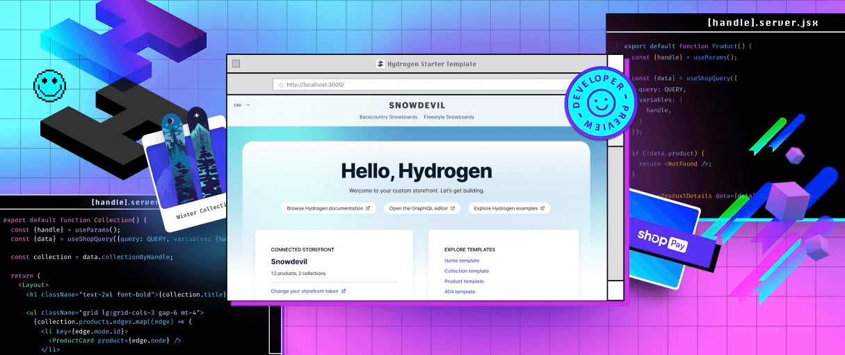 Hydrogen developer preview stylized graphic with various coding elements overlaid on a grid
