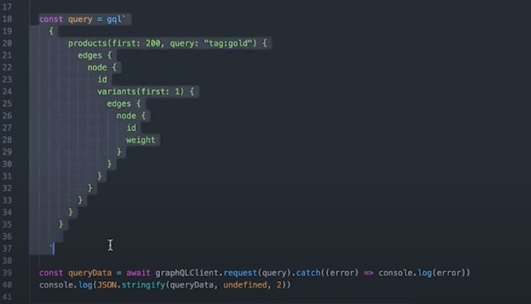 Implement API rate limit: screenshot taken from Youtube video that shows a request to retrieve the first 200 products that match the query.