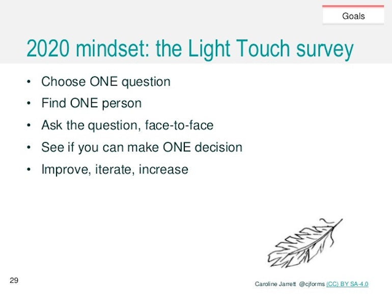 in-app surveys: Screenshot of a presentation slide about the Light Touch survey. Carline Jarrett recommends choosing one question, finding one person, asking the question face-to-face if possible, seeing if you can make one decision from the data, and then improve, iterate, and increase based on that decision.