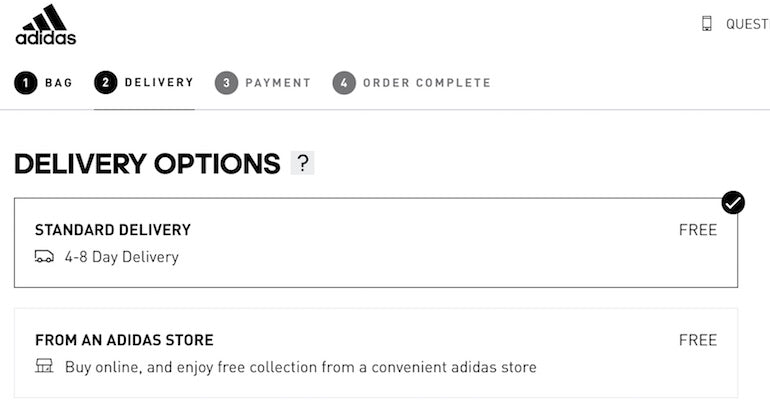 interaction design: The Adidas checkout is a good example of interaction design. In this screenshot of the Adidas checkout, there are four steps in the checkout process: 1. Bag. 2. Delivery. 3. Payment. 4. Order Complete. For step two, delivery options offer free standard delivery with a 4-8 day delivery or a pickup in store option.