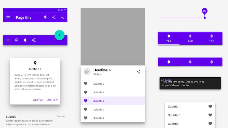 interaction design: Effective interaction design means leveraging consistent elements throughout your design. In this Material Design UI kit, the same color scheme is used in various places to create a cohesive appearance.