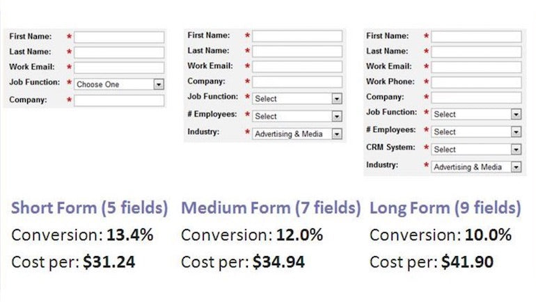 landing page optimization: page conversion rates per number of fields