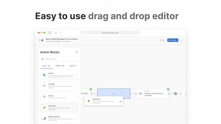 Screenshot of a no-code drag-and-drop editor function, showing Action Blocks from a column on the left being dragged into a flow sequence on the right.