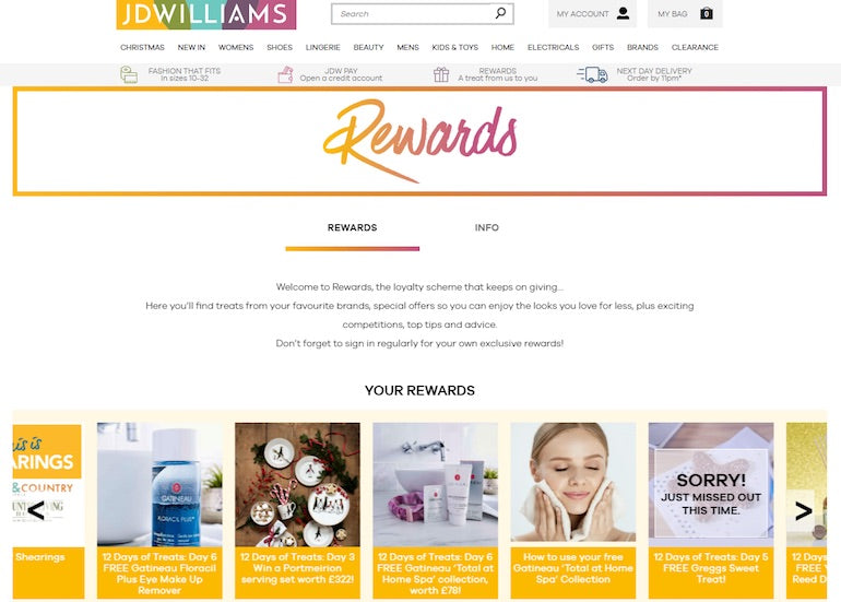 loyalty program gamification: JD williams landing page