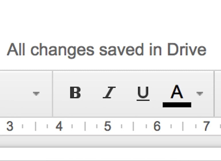 Microcopy: a screenshot of the bold, italics, underline options in a google doc displayed under the message "All changes saved in drive"