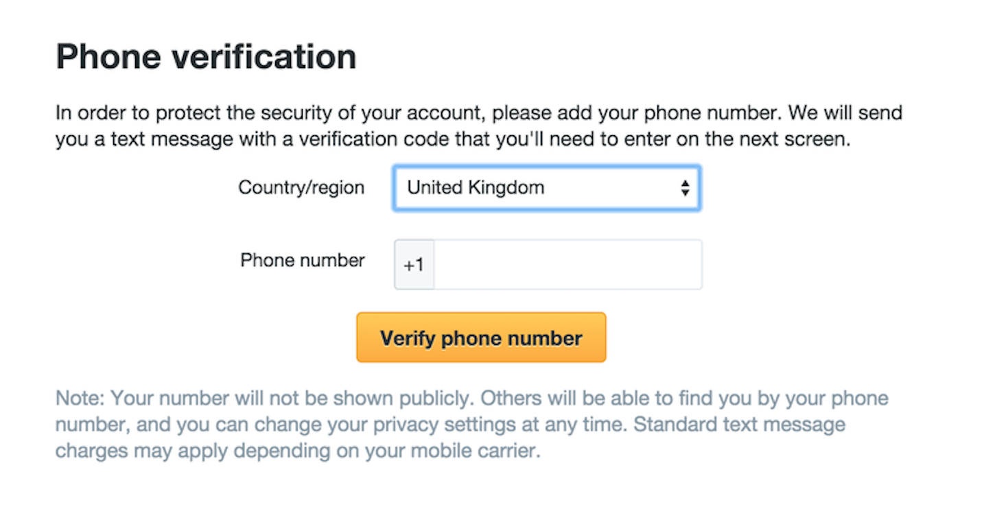 microcopy: screenshot of a Twitter prompt to add and verify a phone number to the user's account