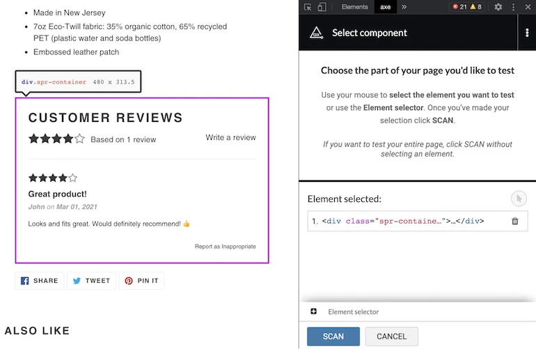 mobile accessibility: axe browser plugin selecting the Customer Reviews app section of a page to test for accessibility issues.