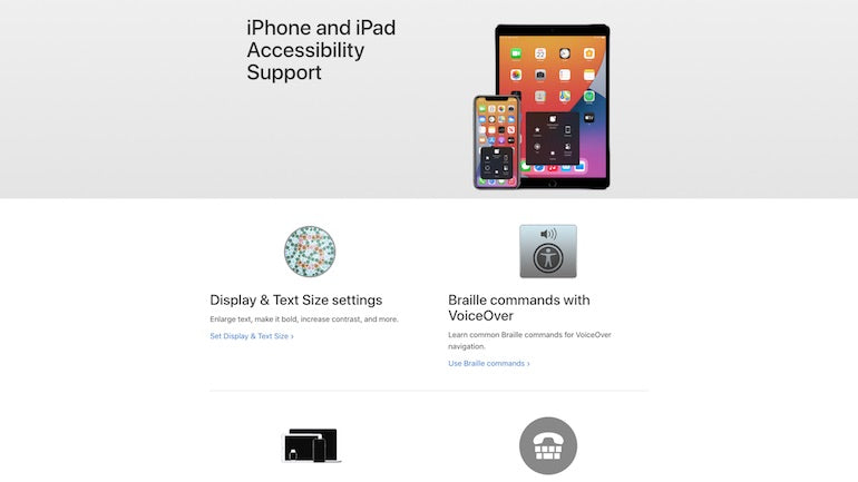 mobile accessibility: Screenshot of the iPhone and iPad accessibility support page showing accessibility options such as display and text size settings, and Braille commands with VoiceOver.