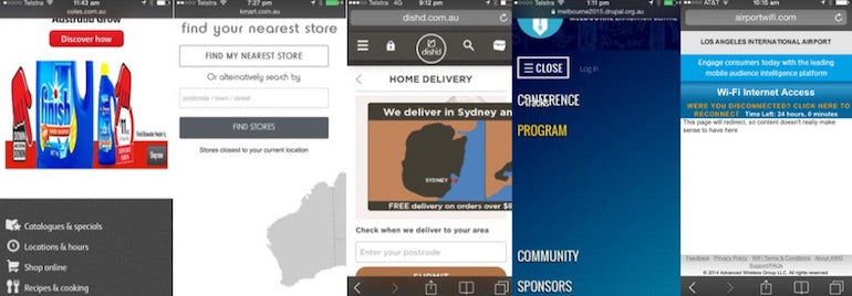 mobile accessibility: Screenshots of five websites on a mobile device showing examples of mobile accessibility principles missed as a result of testing on a simulator and not on a device.