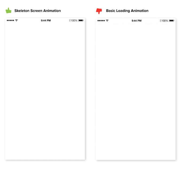 mobile app animation: giff of a basic loading page versus gradual load focusing on progress