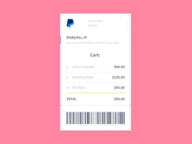 mobile app animation: giff of paypal receipt loaded against a pink background