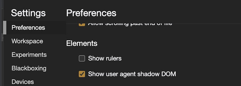 new HTML: Chrome Developer Tools settings showing checked "Show user agent shadow DOM" option