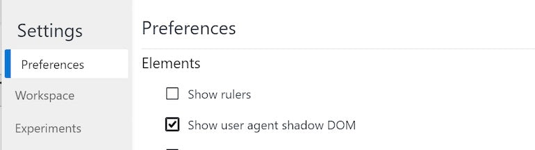 Edge Developer Tools settings showing checked "Show user agent shadow DOM" option