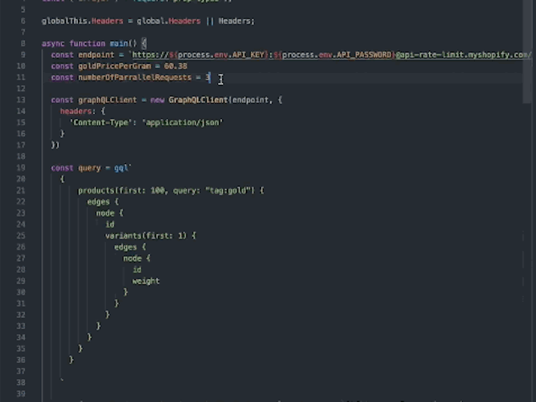 Optimize rate limit: GIF of the YouTube tutorial showing Zameer set the new variable rate limit to zero. Then he sets set his available rate limit variable in both his raw requests callback functions under the conditional.