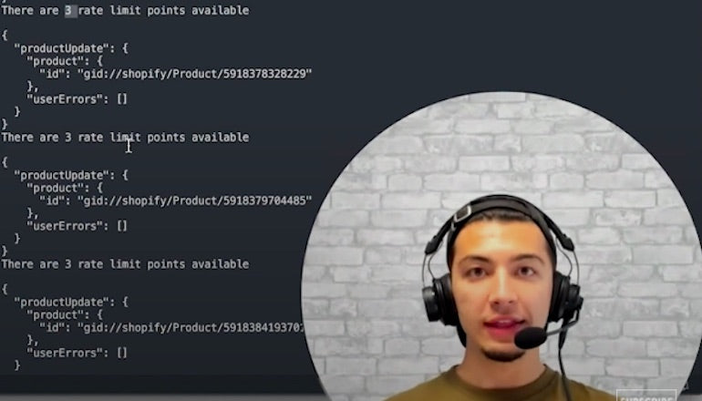 Optimize rate limit: Screenshot of the YouTube tutorial showing Zameer demonstrating what it looks like when you see a number of errors, some requests being made, and the rate limit points that are left.