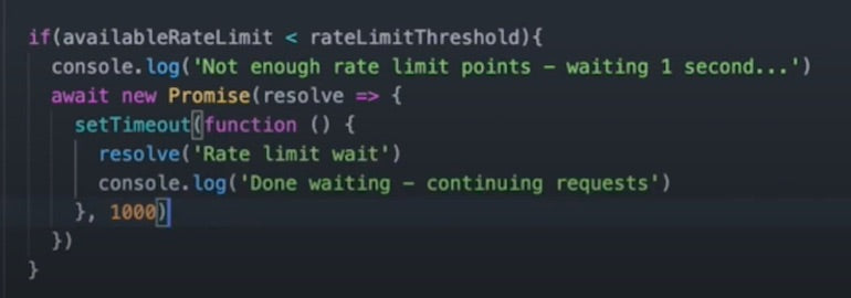 Optimize rate limit: Screenshot of the YouTube tutorial showing a clause that says if the available rate limit is less than the rate limit threshold, Zameer is writing a log to wait.