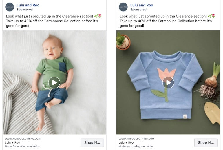 paid social: lulu and roo ad layouts with product alone and on a baby model
