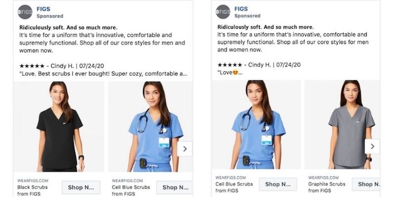 paid social: FIGS ads layouts of women wearing scrubs on facebook with and without emojis 