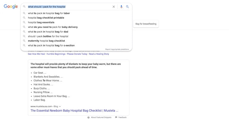 paid social: google question, "what should I pack for the hospital" results in google