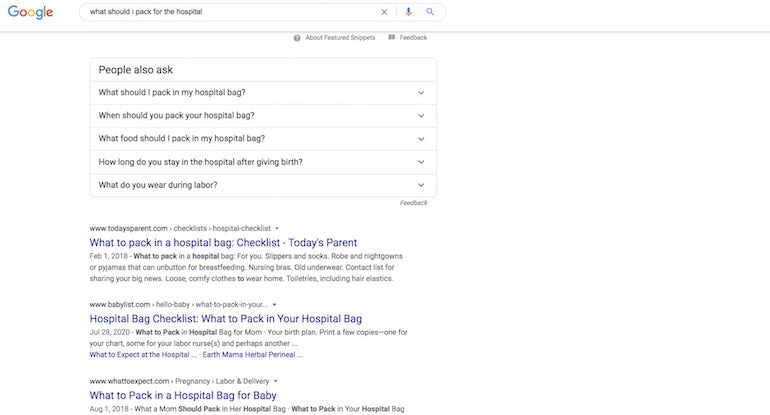 paid social: google question, "what should I pack for the hospital" suggestions of similar queries 