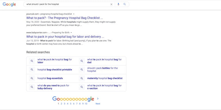 paid social: google question, "what should I pack for the hospital" results in google suggestions