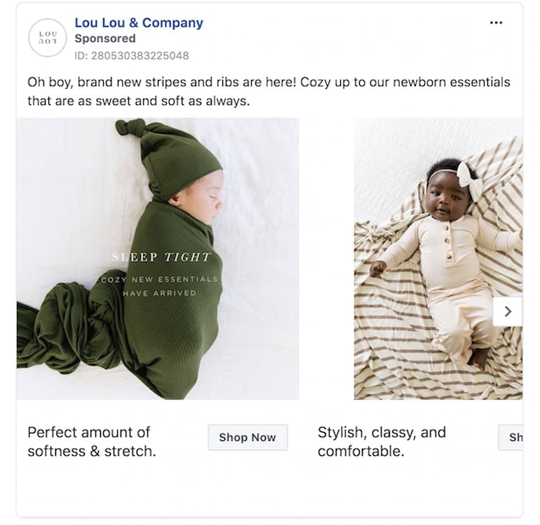 paid social: lou lou and company 2 ads beside each other displaying babies in different sleep sets