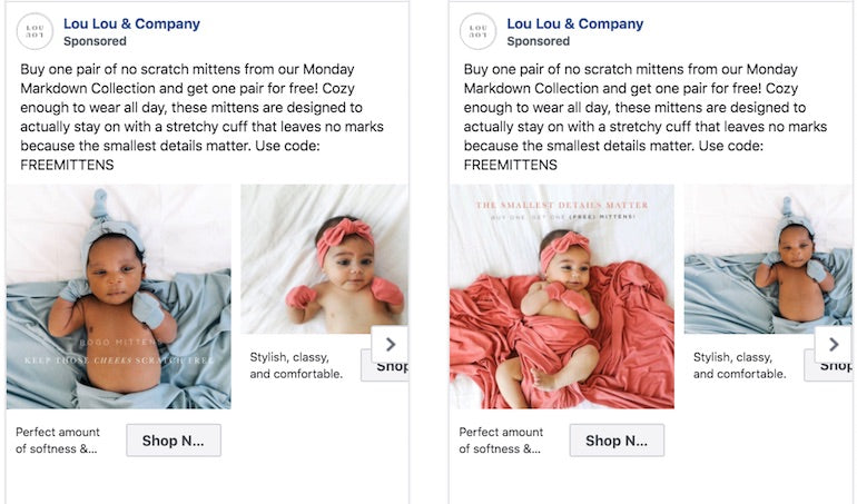 paid social: lou lou and company ad layouts with different babies and colors and layouts