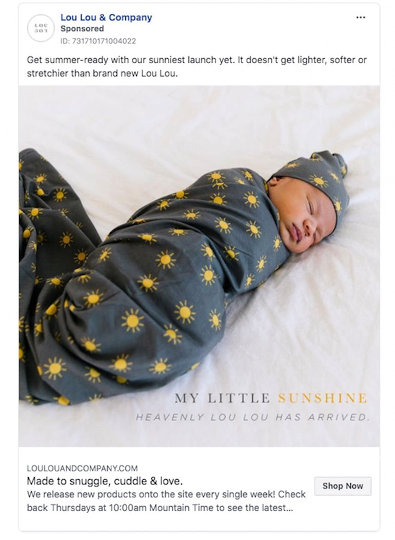 paid social: lou lou and company ad, baby sleeping in a knotted grey sleeper with stars