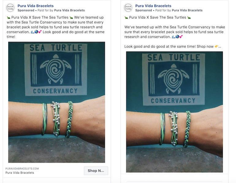 paid social: green pura vida bracelets on models with the logo in the background